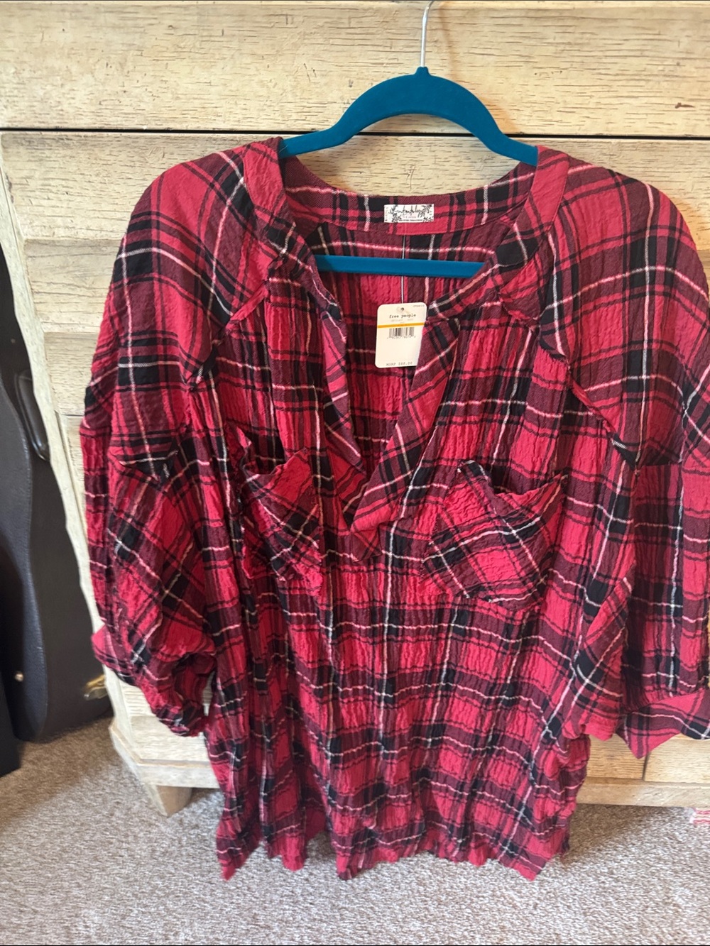Red Black Plaid Button-Front Tunic Top